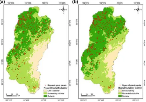 Fig. 17.5 Giant panda habitat suitability (a) at present; and (b) in A.D. 2050