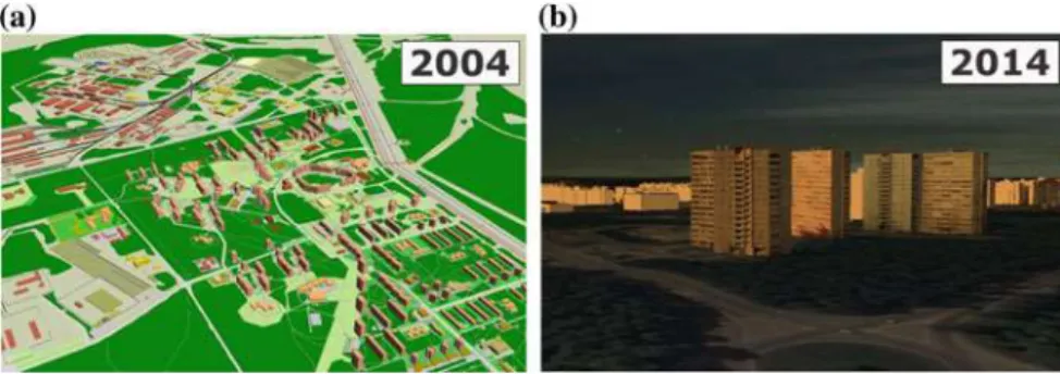 Fig. 23.2 a, b Left to right: evolution of the 3D model of the city of Protvino (Moscow region, Russia) during the adoption of the Digital Earth concept