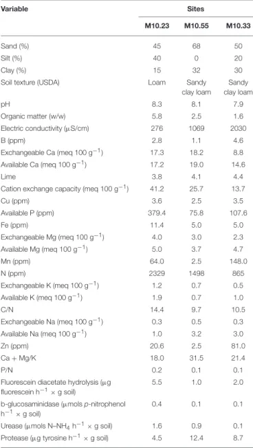 TABLE 1 | Physicochemical properties and enzymatic activity of soil of two vegetable production sites managed organically (M10.23 and M10.55) and an integrated production site (M10.33) in plastic greenhouses at the beginning of the study.