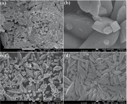 Figure 1. Field emission scanning electron microscopic images of Fe 0.5 Gd 0.5 (MoO 4 ) 1.5 :Eu 3+  synthesized by PVP employed hydrothermal method with different time intervals, i.e., (a) 1 h, (b) 2 h, (c) 6 h, (d) 12 h at 200°C with fixed pH (~7).