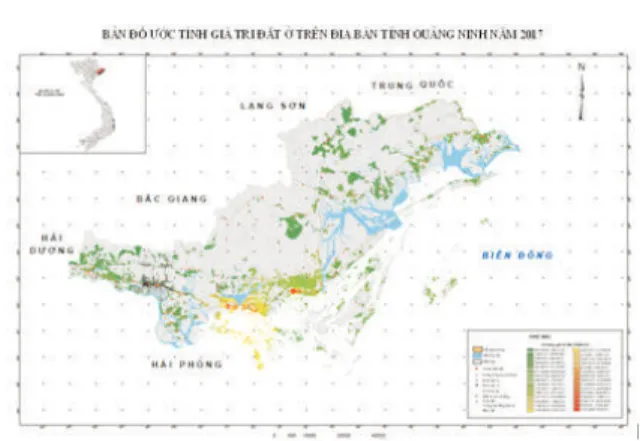 Hình 1: Bản đồ ước tính giá trị đất ở  trên địa bàn tỉnh Quảng Ninh năm 2017 3.2. Chuẩn hóa dữ liệu quy hoạch sử dụng đất tỉnh Quảng Ninh đến năm 2020