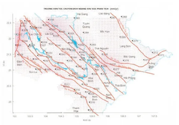 Hình 1: Bản đồ trường vận tốc nội suy trên khu vực Miền Bắc Bảng 1: Kết quả tính các đại lượng biến dạng