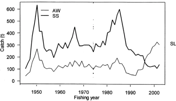 Figure 8a:  CRA 4 Catch (tonnes) represented as a summer–spring and autumn- autumn-winter catch for the period 1945-2002