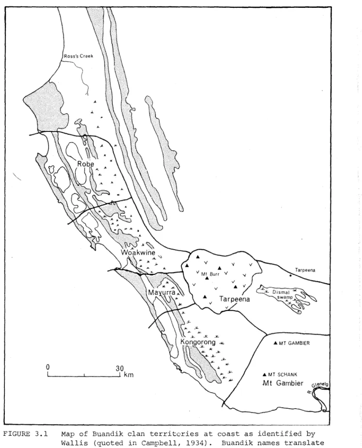 FIGURE  3.1  Map  of  Buandik  clan  territcries  at  coast  as  identified  by  Wallis  (quoted  in  Campbell,  1934)