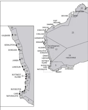 Figure 4.8–1   Map codes for regions of licence holder’s place of residence and fishing locations  (Melville-Smith & Anderton 2000)