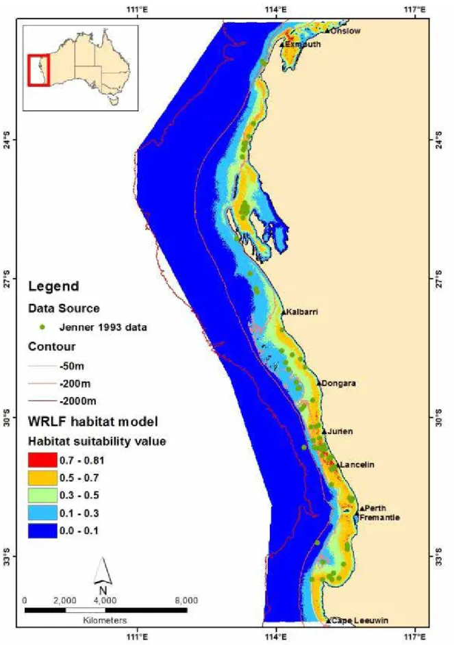 Figure 29   Predictive spatial habitat model for humpback whales migrating north and south  along the west coast of Western Australia