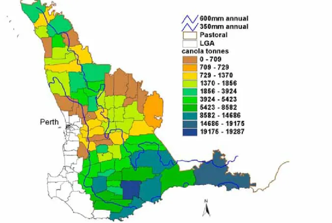 Figure 1: Average total canola production (tonnes) for each local government authority for  1995-1999 based on CBH grain receivals 