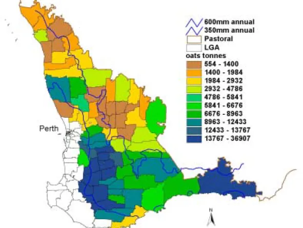 Figure 1: Average total oat production (tonnes) for each local government authority   1995-99 based on CBH grain receivals 