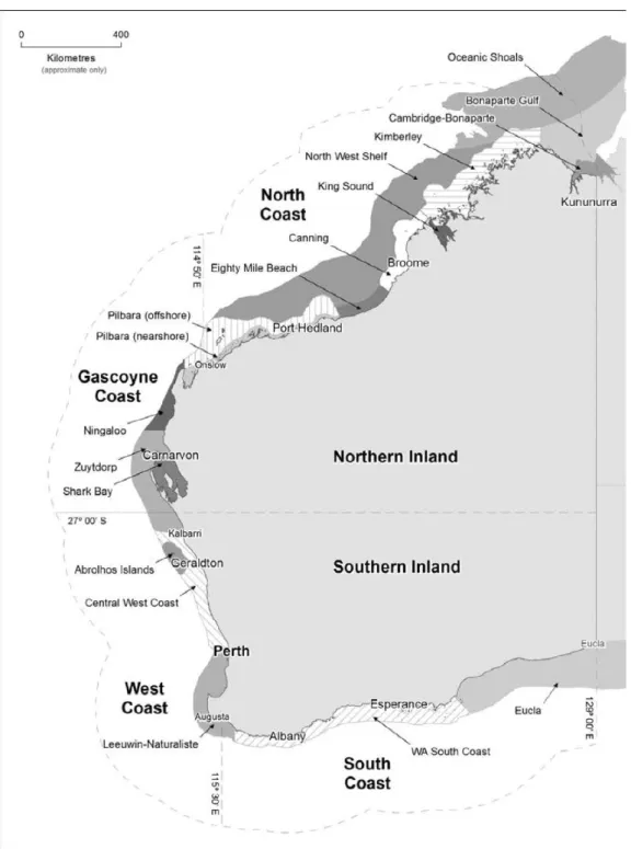 Figure 3-1  Ecosystems within the four marine bioregions in Western Australia based on the  Integrated Marine and Coastal Regionalisation for Australia (IMCRA) scheme 
