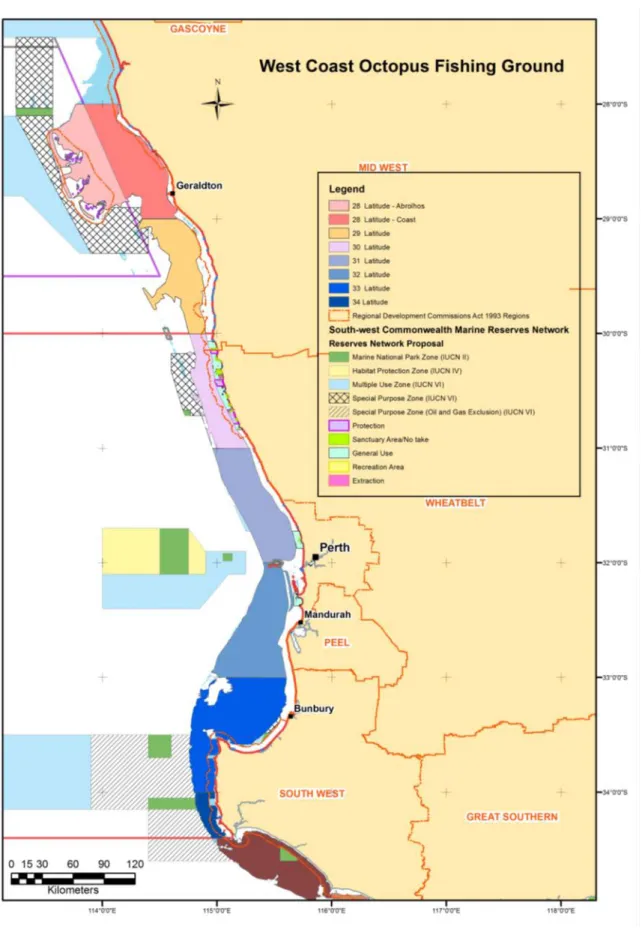 Figure 18   Map of the octopus  fishing zones (by 1 degree Latitude) of the west coast of  Western Australia