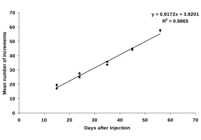 Figure 21   Mean stylet increment count (±SE) subsequent to calcine injection as a function of  days post-injection 