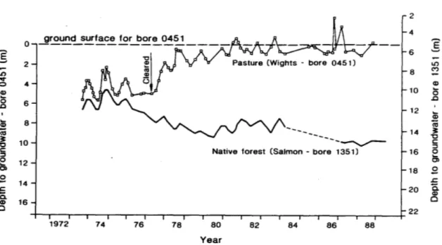 Figure 1.  Groundwater response to clearing of Wights catchment, compared to native forest.