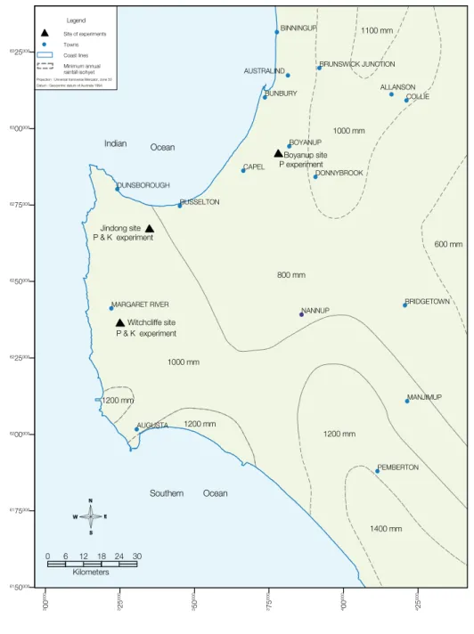 Figure 1 Map showing the location for the 3 sites of the phosphorus (P)  experiment (Witchcliffe, Jindong and Boyanup) and for the 2 sites of the  potassium (K) experiment (Witchcliffe and Jindong) in the dairy areas of  south-western Australia, and averag