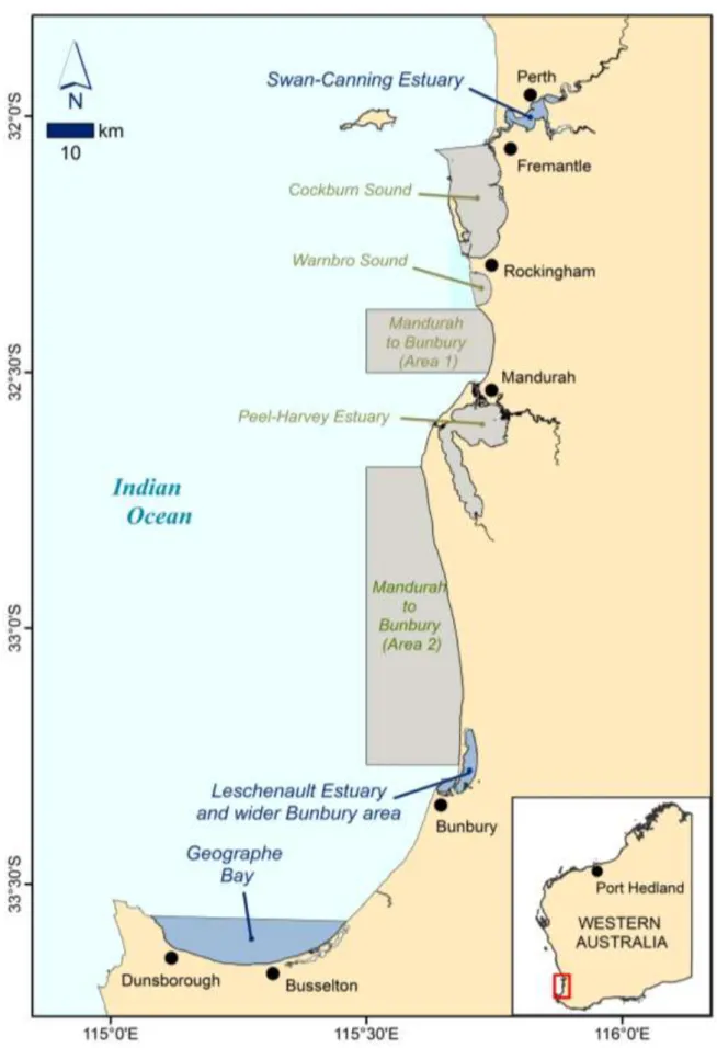 Figure 2.1.  Map  showing  the  location  of  the  key  blue  swimmer  crab  fisheries  in  southwest  Western Australia, including the three recreational crab fisheries examined during the  Southwest  Recreational  Crabbing  Project:  The  Swan-Canning  E