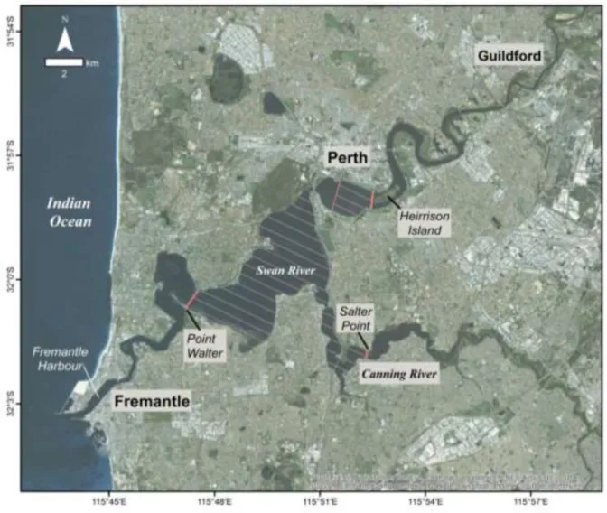 Figure 2.2.  Aerial image of the Swan-Canning Estuary, including the boundaries (      ) of Area 1  of the commercial West Coast Estuarine Managed Fishery