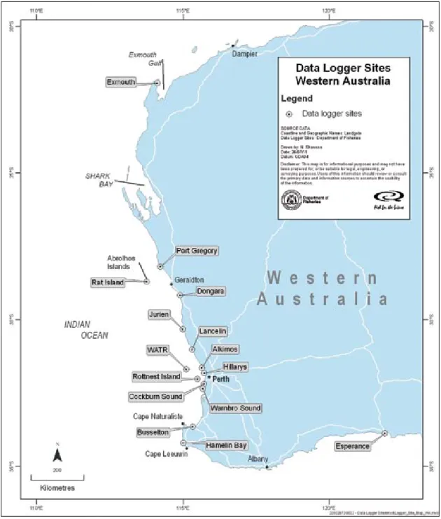 Figure 1.  Chart showing the places mentioned in the text and the positions of the temperature  measurements (circled)