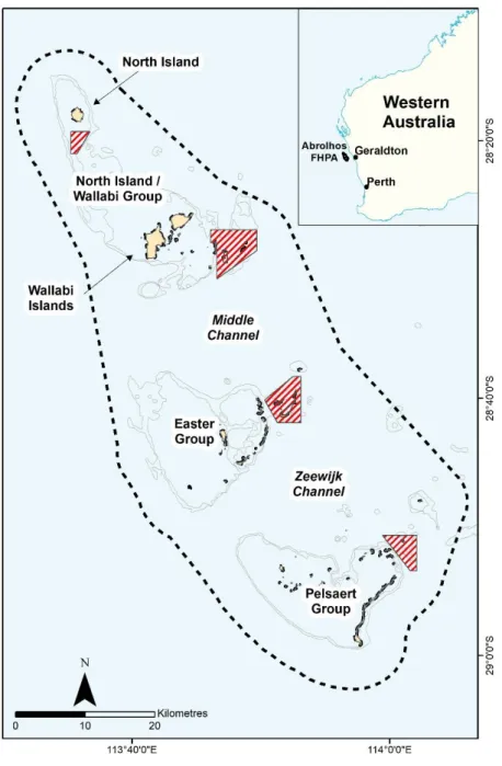 Figure 1.1. Map of the Houtman Abrolhos Islands showing the Fish Habitat Protection  Area  (black  dashed)  and  Reef  Observation  Areas  (red  hatched)