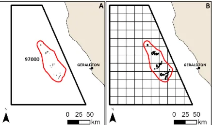 Figure  2.1.2.  Historical  WCRLMF  A  Zone  reporting  blocks  (A)  CAES  single  block  (1975-  2008)  (B)  CDR  blocks  (2009  onwards),  with  the  Abrolhos  FHPA  outlined in red