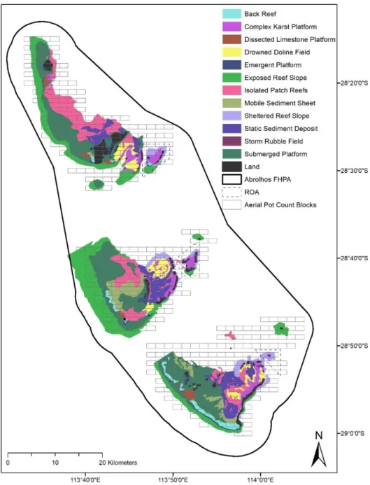 Figure 2.1.13. Geomorphological classes for Abrolhos FHPA shallow (&lt;20m) waters  (Hatcher et al., 1988) with WCRLMF aerial pot count survey grid overlay