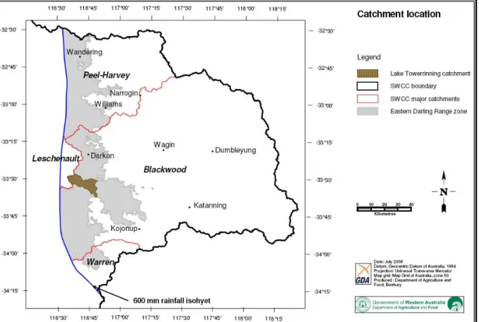 Figure 1 Location of the Lake Towerrinning catchment within the South West Natural Resource Management  Region.
