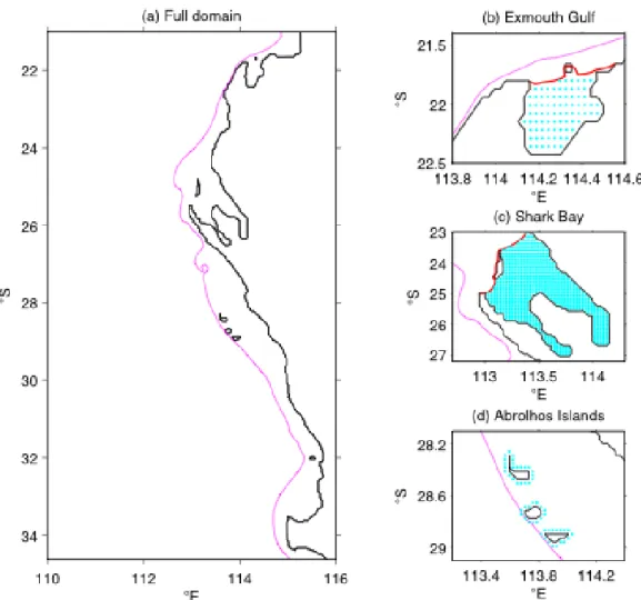 Figure 6.1.2.   (a) Full ROMS model domain. The 100 m isobath is indicated by the pink line and  the coastline by the black line, water depths less than 30 m being masked as land
