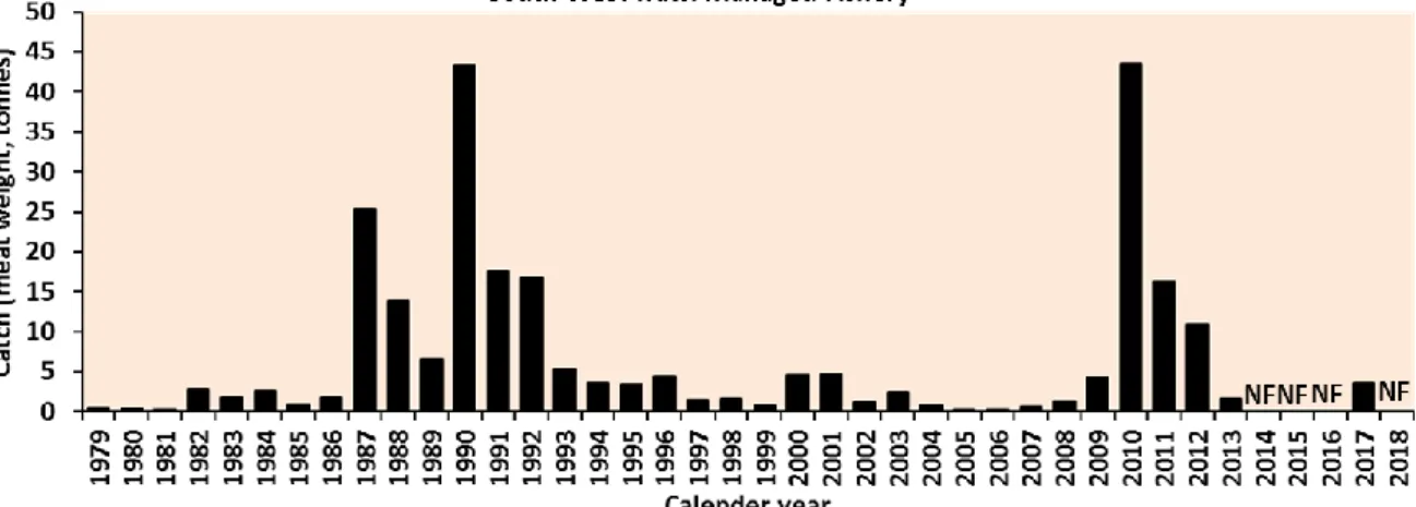 Figure 6. Catch (t, meat weight) history of  Y.balloti  from the South West Trawl Managed Fishery  1970-2018