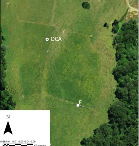 Figure 4-2.  Map of paired site ‘F’ as an example of the proximity of the apiary collection  site and a drone congregation area (DCA) collection site
