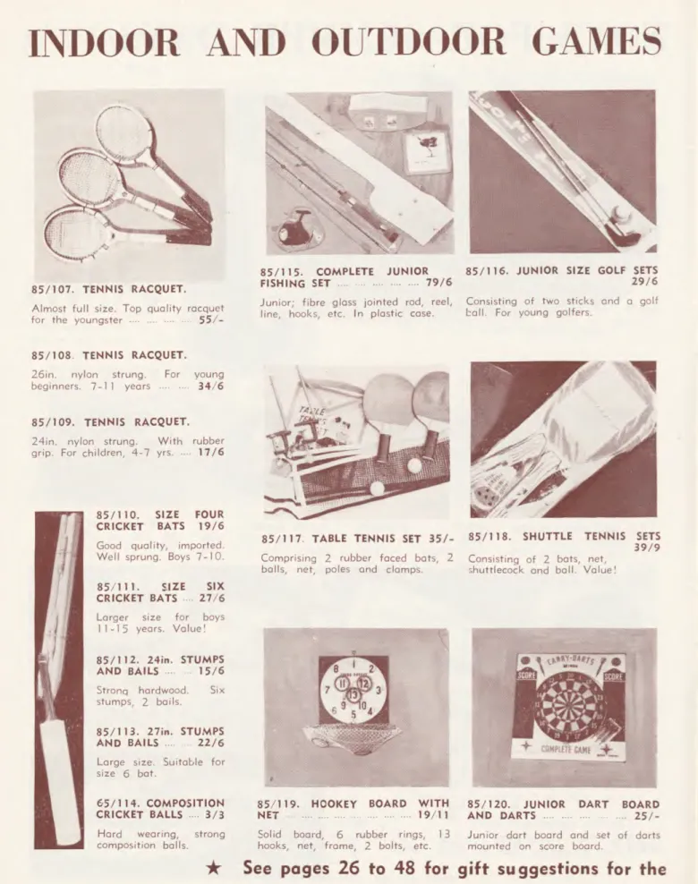 85/117. TABLE TENNIS SET 35/- 85/118. SHUTTLE TENNIS SETS  39/9  Comprising 2 rubber faced bats, 2 Consisting of 2 bats, net, 