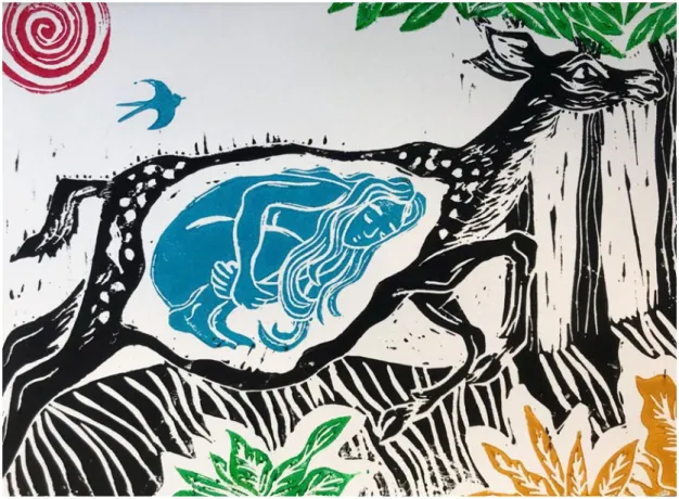 Figure 19. Self-Portrait As Deer Embryo (linocut), by Jane Burn  How can the apparently simple act of waking up end up with me in these 