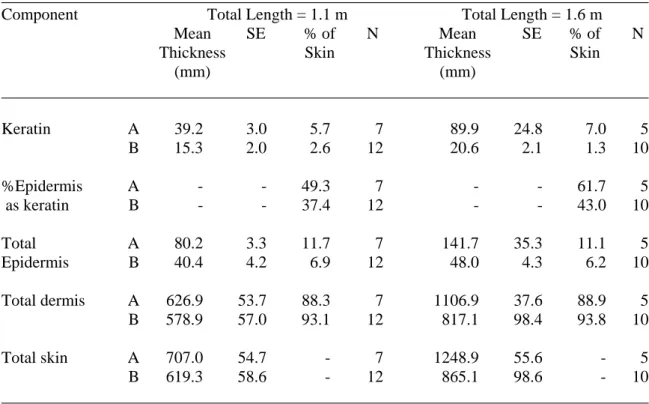 Table 6.  Mean thickness of skin components and their percentage contribution to total skin thickness,  from 19 sites (N) divided into two groups (A and B; see text), for Crocodylus porosus near (1.1 m;  2-year-old) and at normal culling size (1.6 m; 3-2-y