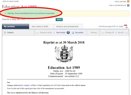 Figure 2: Education Act 1989, the user is warned at the top of the webpage that some amendments  have not yet been incorporated 