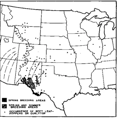 Figure 1.—Breeding areas in New Mexico and western Texas and occur- occur-rence of beet leaf hoppers or curly top east of the Continental Divide