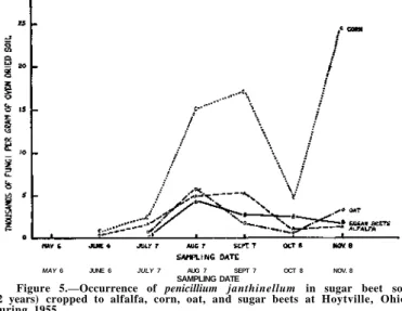 Figure 5.—Occurrence of penicillium janthinellum in sugar beet soil  (2 years) cropped to alfalfa, corn, oat, and sugar beets at Hoytville, Ohio,  during 1955