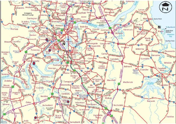 Figure 1 Map of Brisbane residential suburbs with location of six houses highlighted in blue and  red spots (adapted from the State of Queensland (Department of Natural Resources and Mines, 
