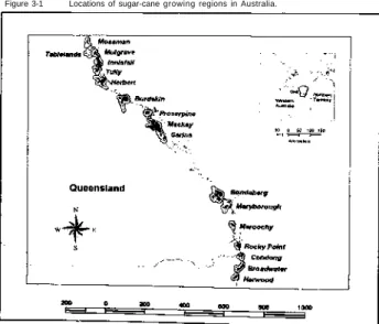 Figure 3-1 Locations of sugar-cane growing regions in Australia. 