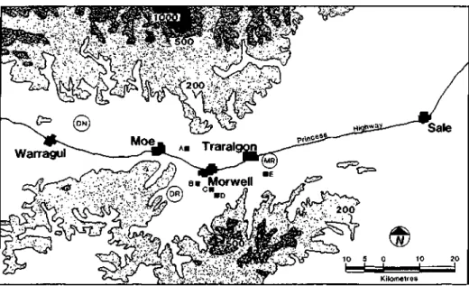 Figure 1. Map of Latrobe Valley region showing LVAVS sampling sites and locations of power  stations