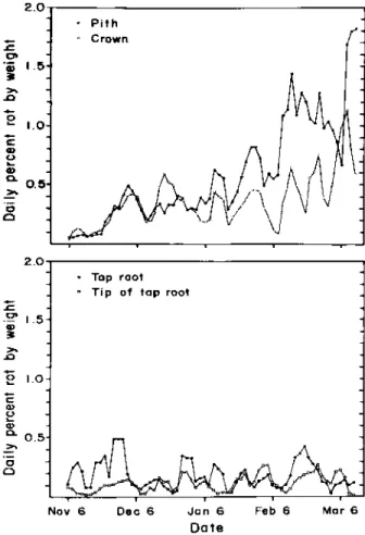 Figure 2. — Running average of the daily amount of rot occurring in  the crown, pith, tap root, and tail of tap root at the Moorhead factory