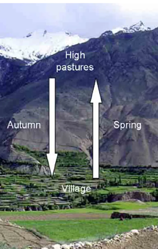 Figure 1.1: Livestock within the Northern Areas are managed according to a transhumance system with seasonal movements of livestock between villages and high pastures 
