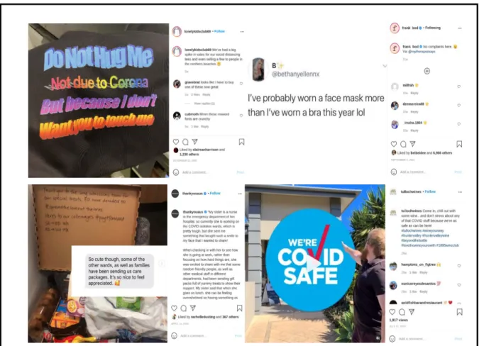 Figure 5. Covid-19 related Instagram messages posted by Lonelykidclub69, Frank Body,                        Thankyouaus, and Tullochwine (from left to right up to down) 