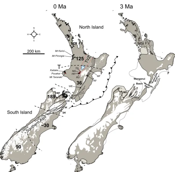 Figure 1 New Zealand at present day (left) and reconstruction for 3 Ma (right). The inferred land area (grey) is shown relative to the modern coastline