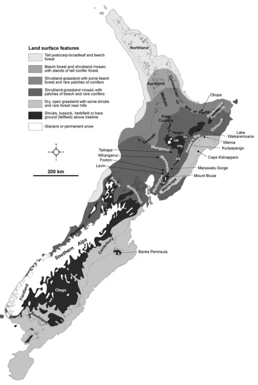 Figure 3 Last Glacial Maximum (c. 1430 cal ka) reconstruction for New Zealand including locations of some places named in the text