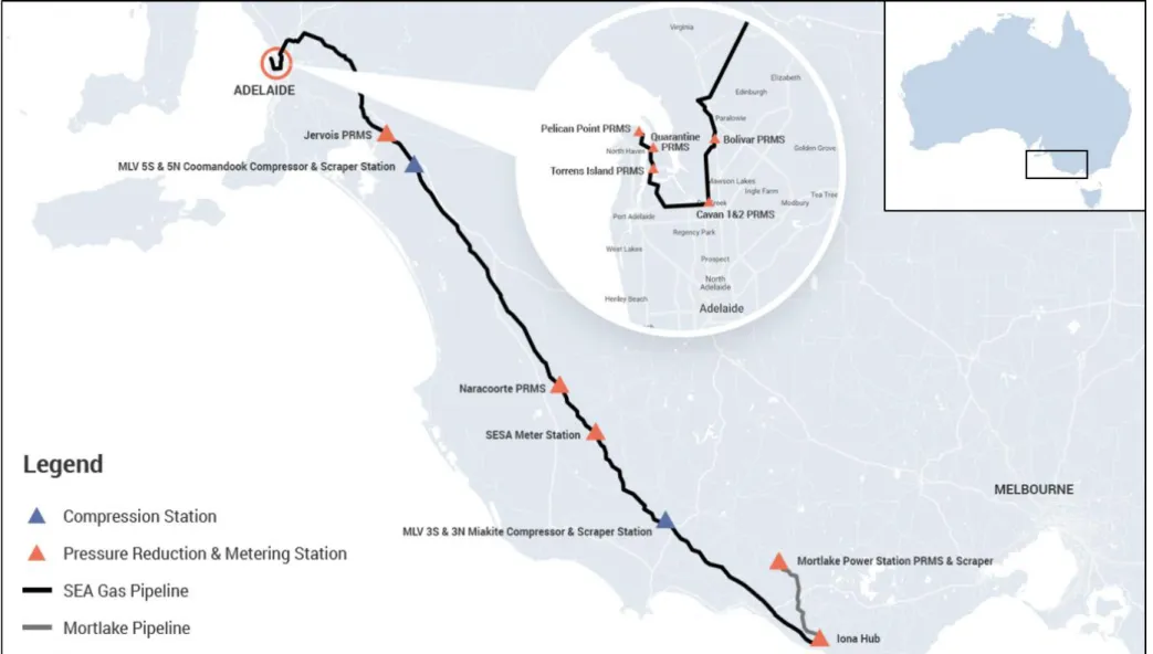 Figure 5.1. Map showing location of the case study pipeline. Adapted from map available from SEA Gas