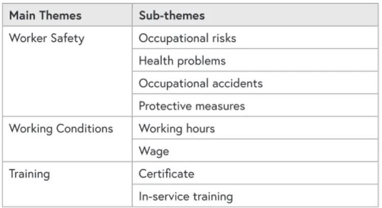 TABLE 2. THEMES AND SUB-THEMES  Main Themes  Sub-themes Worker Safety Occupational risks