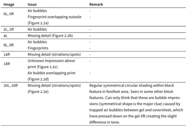 Table 2.1 provides a comprehensive list of the issues that were deemed to be potentially prob- prob-lematic to the performance of the model, accompanied by the comments of the forensic examiner where relevant, and figures to aid the reader’s comprehension.