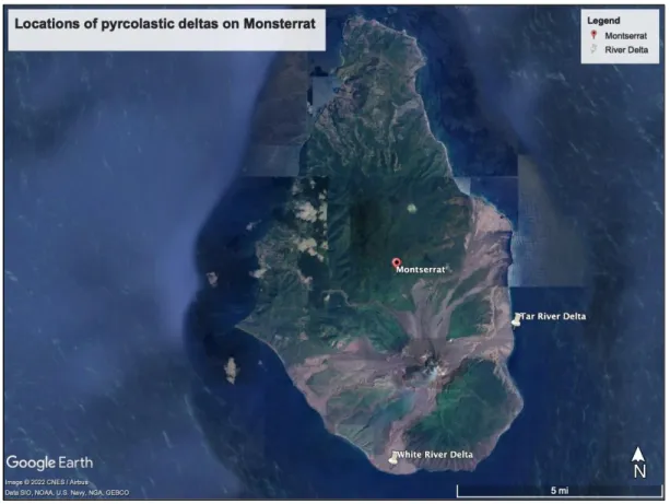 Figure 2.6 – Map showing location of the Tar River and White River deltas in Montserrat (Google, n.d.-a) 