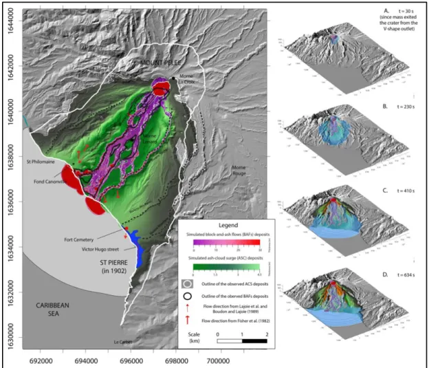 Figure 2.9 – Results of the 1902 Mount Peleé pyroclastic flow simulation produced (Gueugneau et al., 2020)