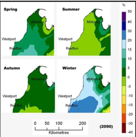 Figure 14:  Projected  seasonal  precipitation  changes  (in  %)  at  2090  (2080-2099  average),  relative to 1990 (1980-99 average), for the IPCC A1B emission scenario, averaged  over 12 climate models