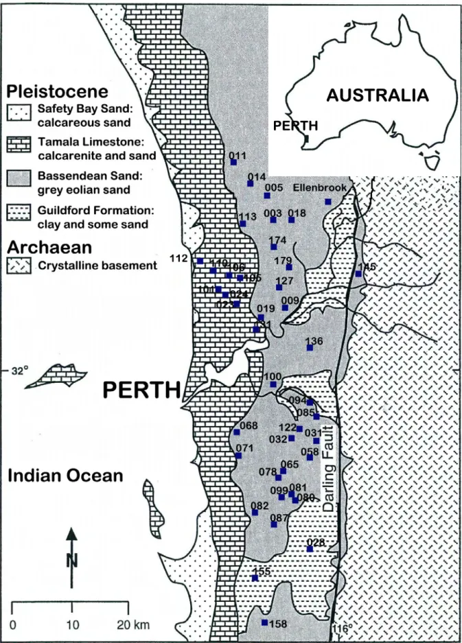 Figure 1 Sampling locations for podosols on the Bassendean Dune System on the Swan  Coastal  Plain,  WA