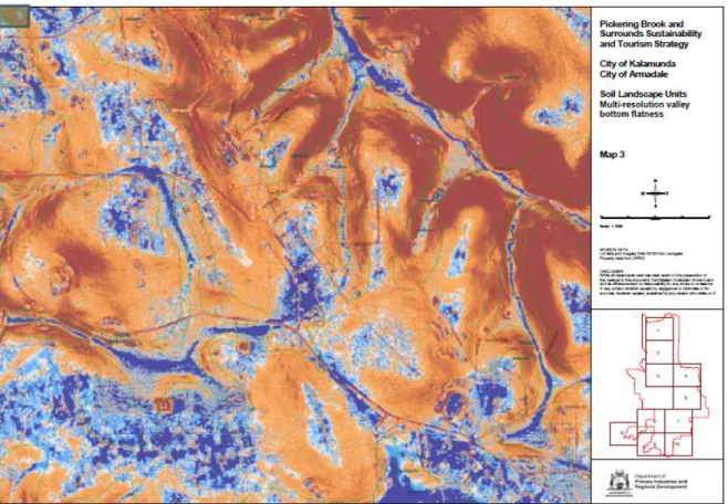 Figure 3.   A ‘multi resolution valley bottom flatness’ map showing an area where the DPIRD  YG4 soil landscape unit (green lines) does line up with the valley floor (dark blue area)