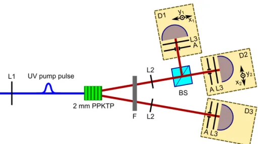 Figure 2.1: (Color online) Setup to measure spatially entangled 4-photon states via parametric downconversion in a 2 mm PPKTP crystal